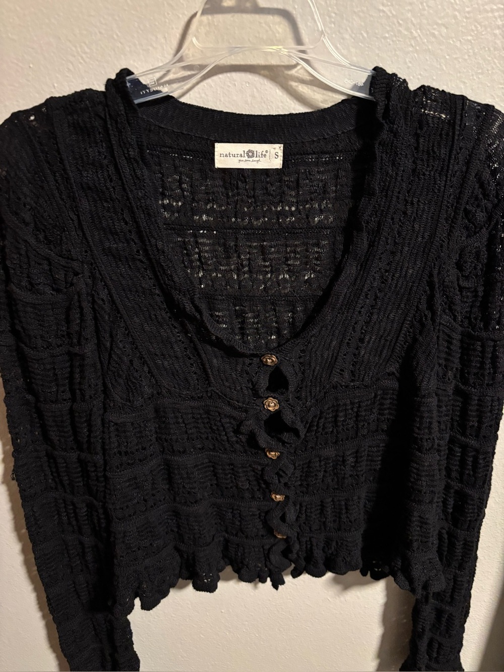 NATURAL LIFE Black Open-Knit Button Cardigan